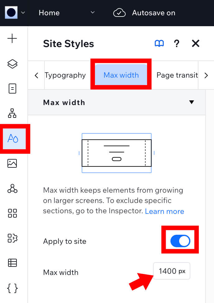 Change the width of large view in Wix Studio. Desktop view, constrain proportions. Turn on Max Width per site and section.