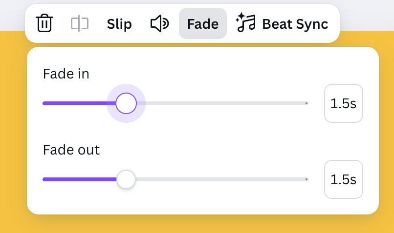 Fade in and Fade out controls in Canva for audio