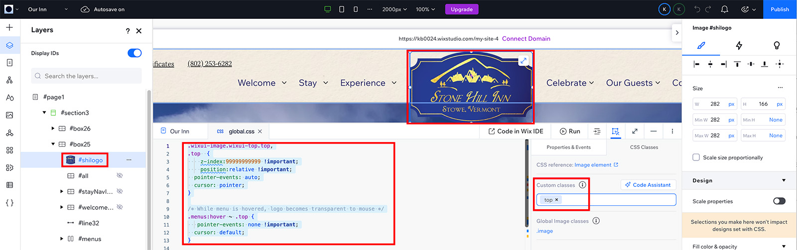 Wix Studio editor image showing a logo with a custom id and custom class.