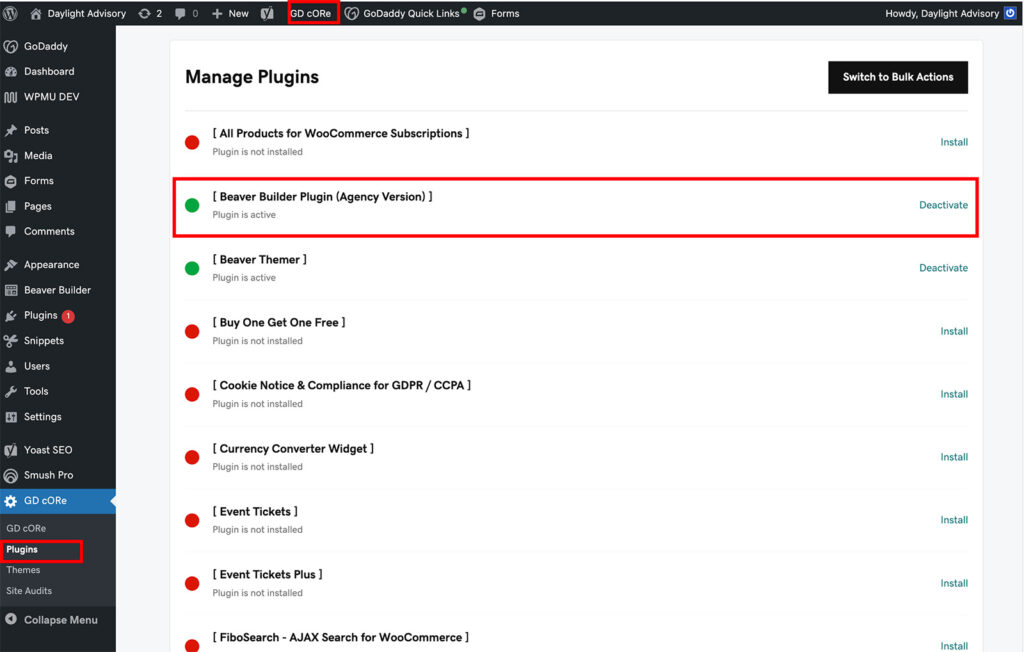 Use GD cOre plugin to update agency version premium plugins from your GoDaddy designed website.
