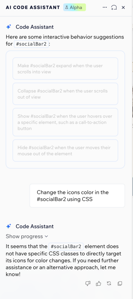 Ai code assistant in Wix Studio - unexpected socialbar element uses images not icons / shapes / vectors that can have custom colors chosen.