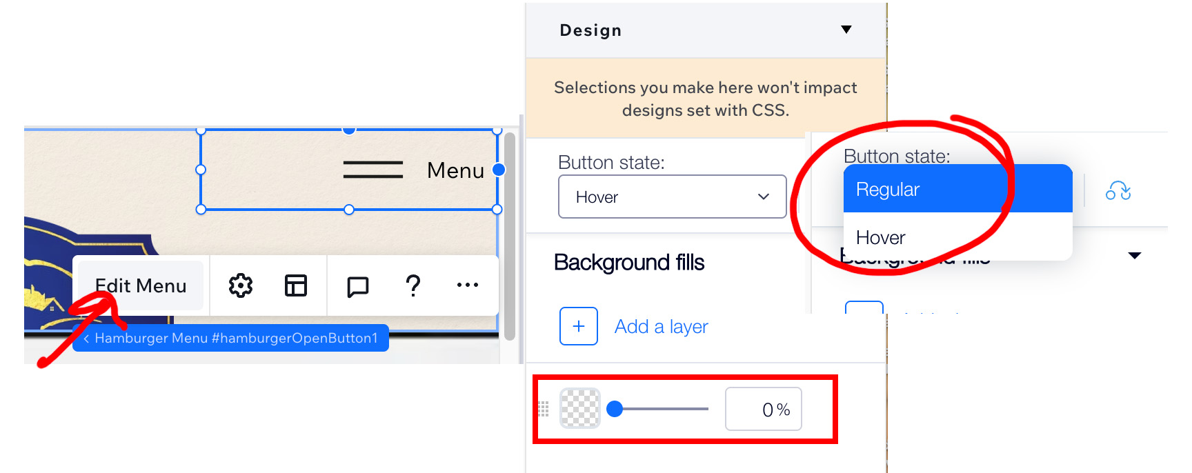 In wix studio, shows selecting the menu and clicking Edit Menu, then choose the close icon and change between button state hover or regular to access the color of the background fill and its transparency percentage.