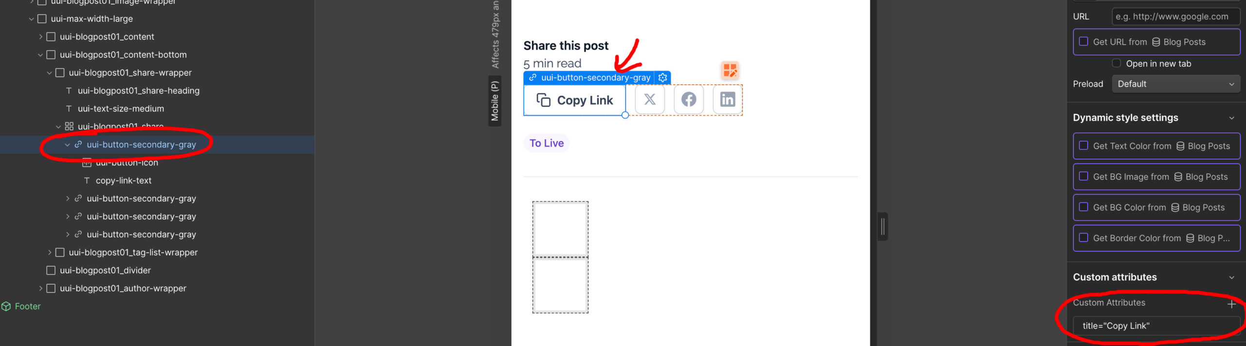 Select your Link Element and click the + sign in the Custom attributes. For the name choose Title and Value, add what you want, perhaps Copy Link