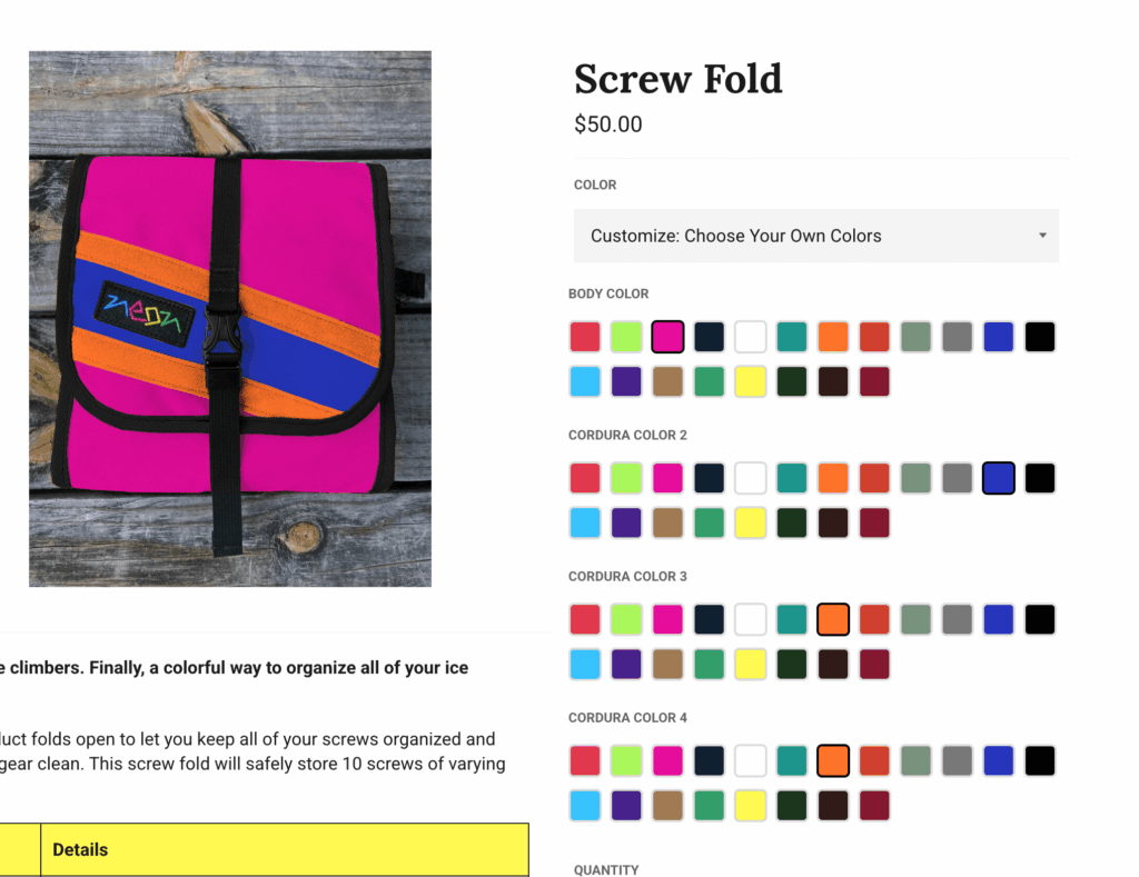 Example of option to colorize the product - 4 different color selections.