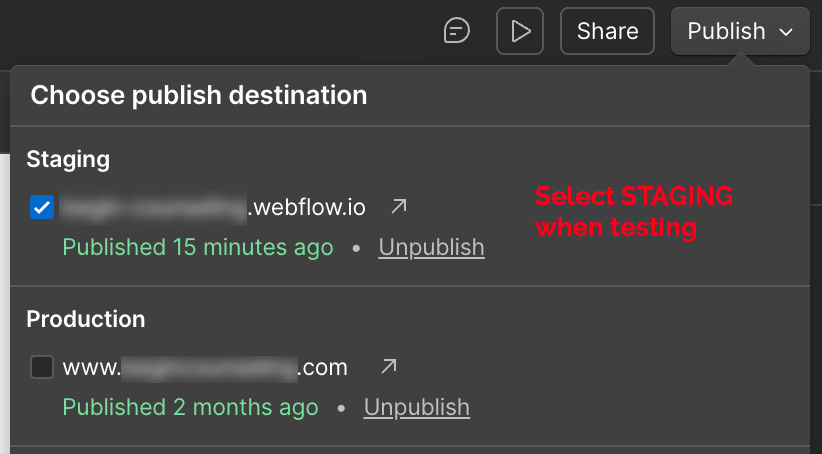 Choose destination - checkbox for staging or production in Webflow