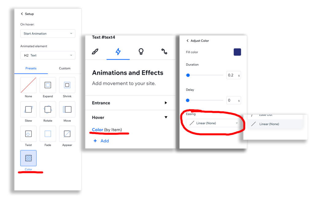 Change the color on hover with Wix Studio animations but no size change of the text too