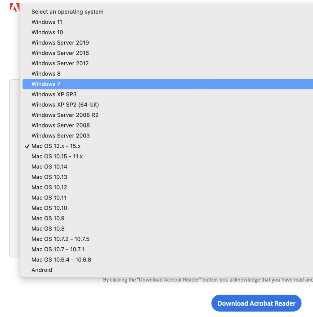Download Windows 7 version of Adobe Acrobat Reader from a Mac computer