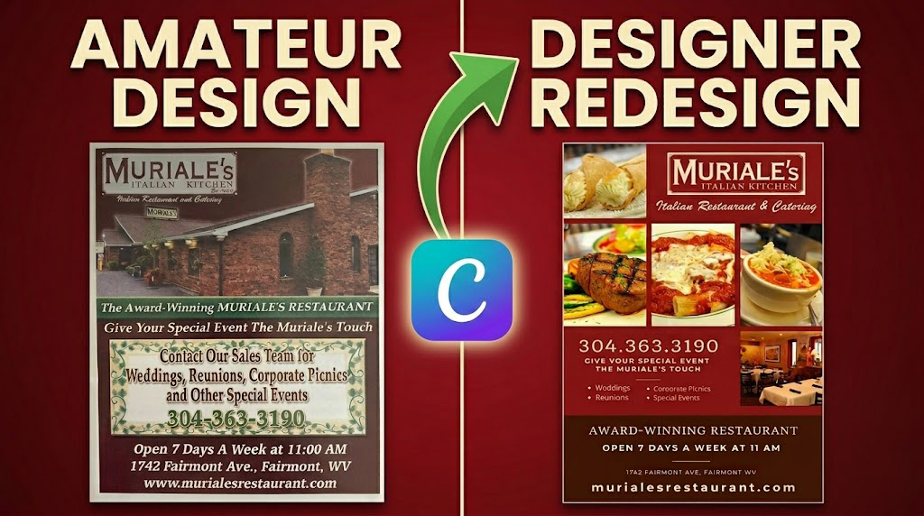 Watch a designer redesign a poorly designed local advertisement using Canva