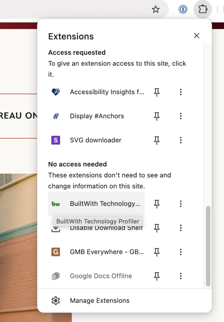 Once installed, navigate to the website you want to explore, select the BuiltWith icon from the puzzle piece icon in Chrome desktop (extensions).