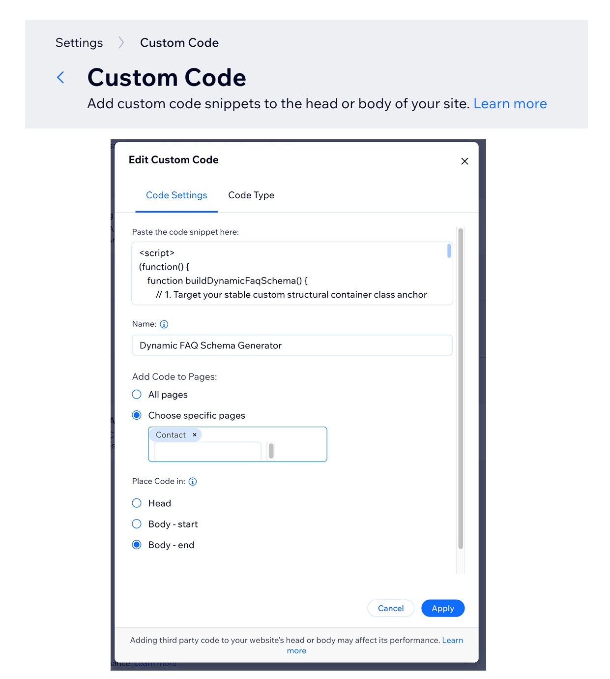 Use the Custom Code area of the Wix Studio Dashboard to add a script that scrapes and creates FAQ schema