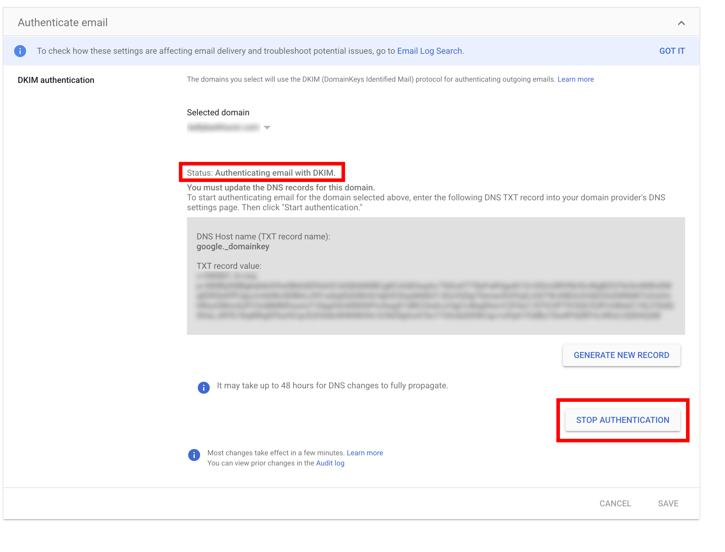 DKIM authentication for email in Google Admin