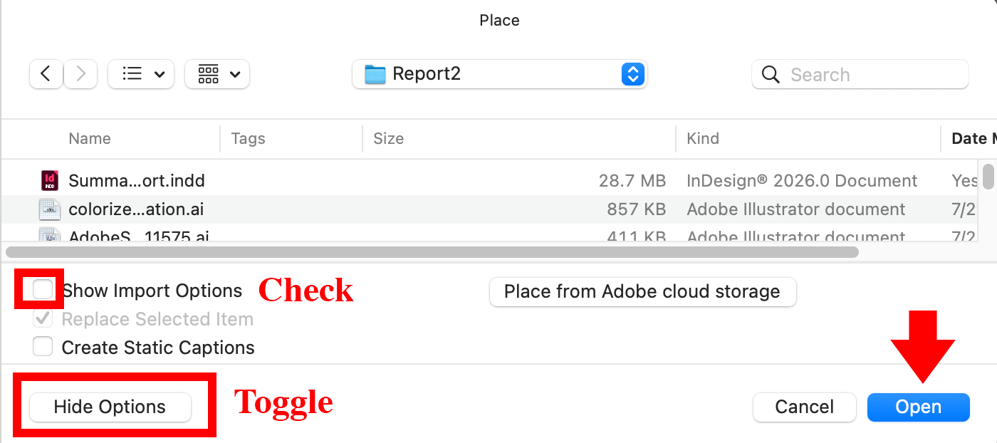 Place an illustrator file into InDesign with Show Options