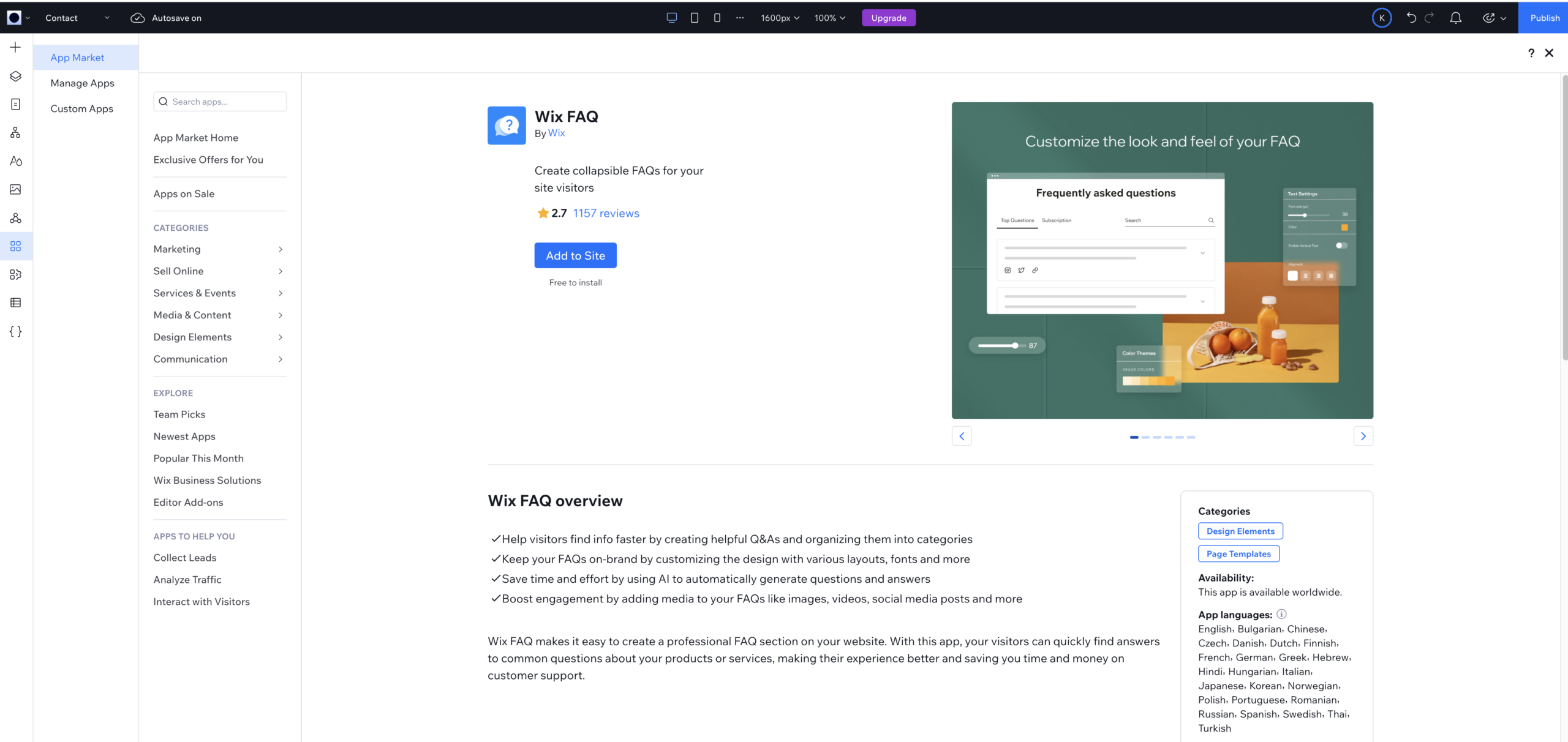 Wix Faq application installed