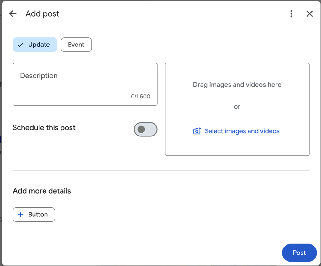 The interface for how to add an update to your Google Business profile