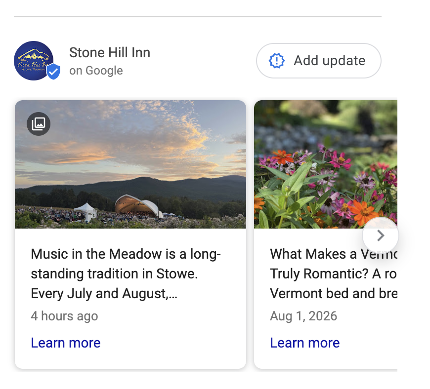 Example of Google Update cards for a business profile
