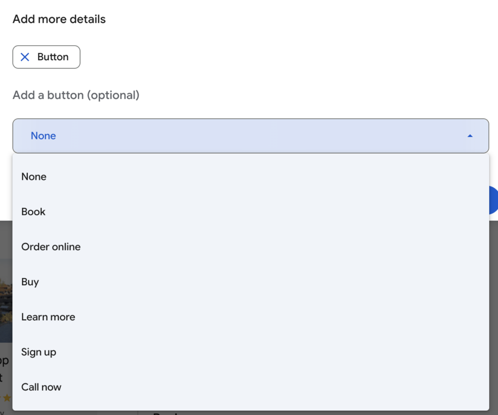 List of the links your Google Post link can include: Book, Order Online, Buy, 