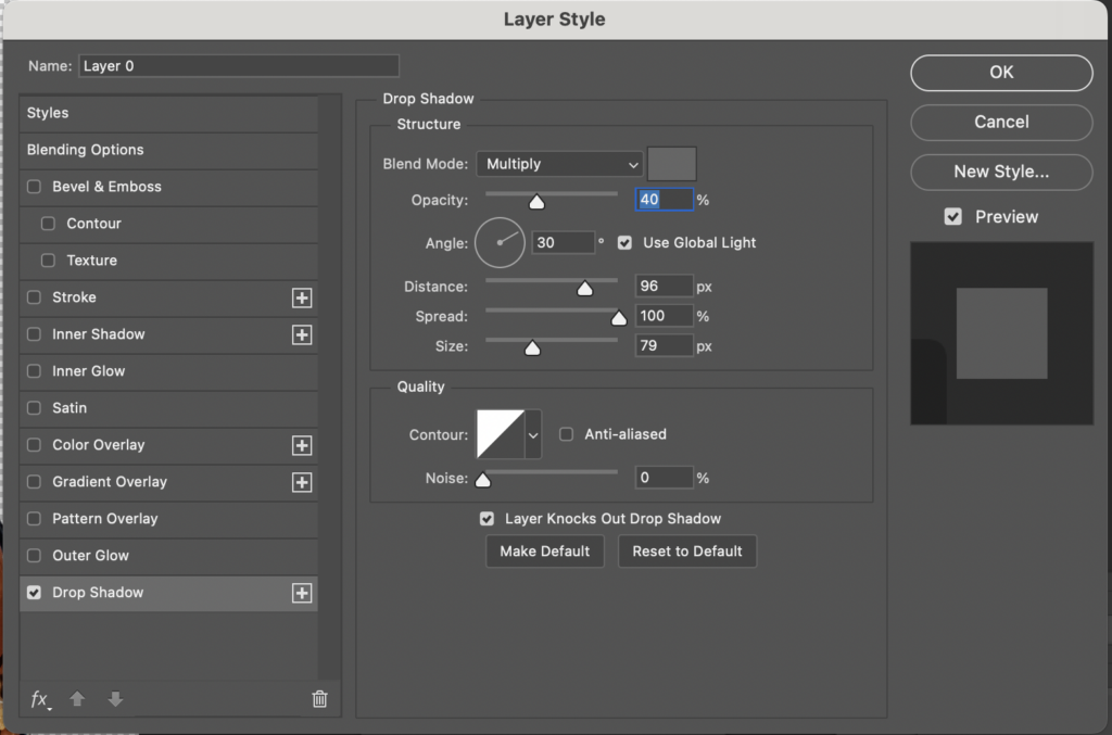 Photoshop layer effects for image that you're turning into a sticker. Shows dropshadow settings that are slightly see through.