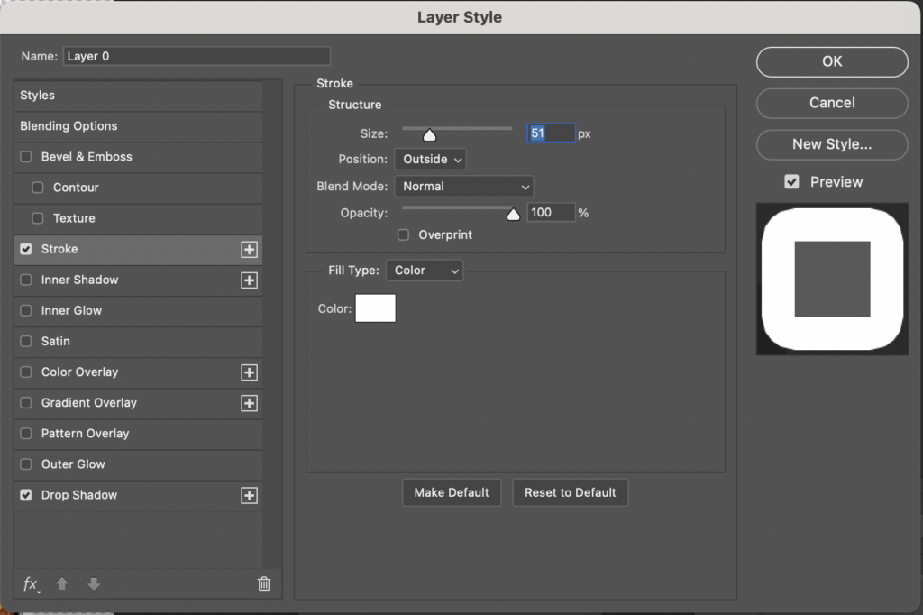 Photoshop layer effects for making a sticker. This is the white stroke effect.