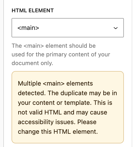Change your element from <main> to a different html selector, like section of div to meet accessibility standards or only one <main> on each page.