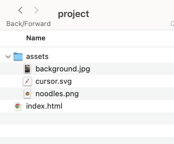 file setup for this project. requires the index file is directly next to (a sibling) of the assets folder.