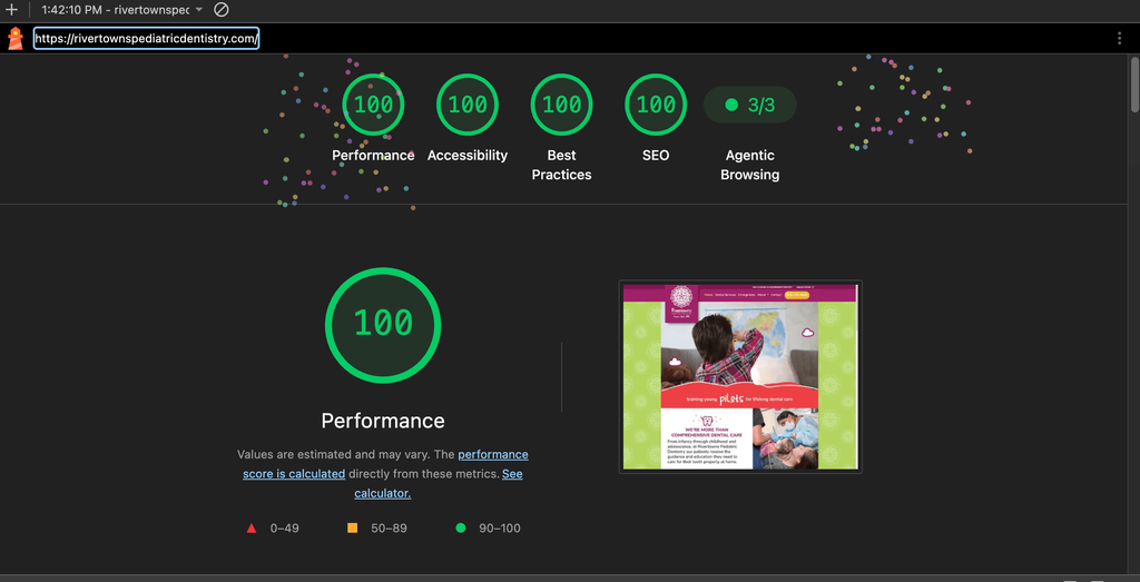 Homepage scoring 100 on Performance, 100 on Accessibility, 100 on Best Practices and 100 on SEO and 3/3 on Agentic Browsing. 