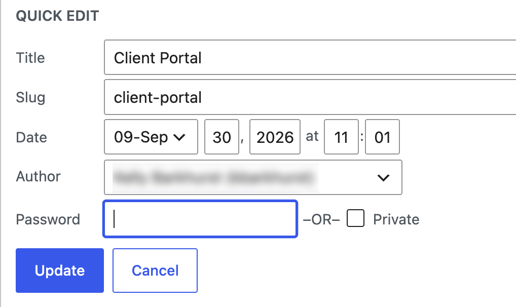 How to password protect a page in WordPress. Go to quick edit, and type a password.