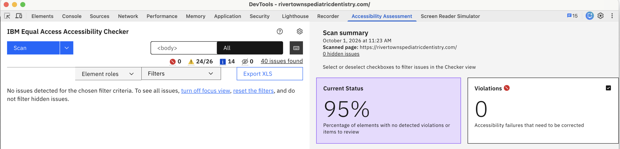 IBM Accessibility Scan results with 0 violations
